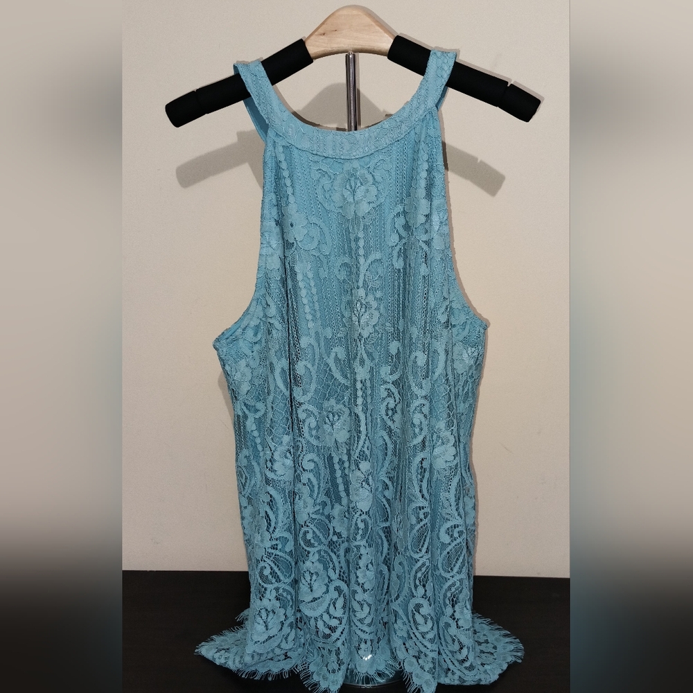 Torrid Mixed Lace Goddess Mock Neck Top Still Water Blue 0 L 12 NWT